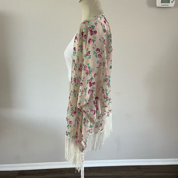 Anthropologie Do Everything in Love Pink Floral Fringe Kimono OS Boho Coquette - Picture 3 of 6
